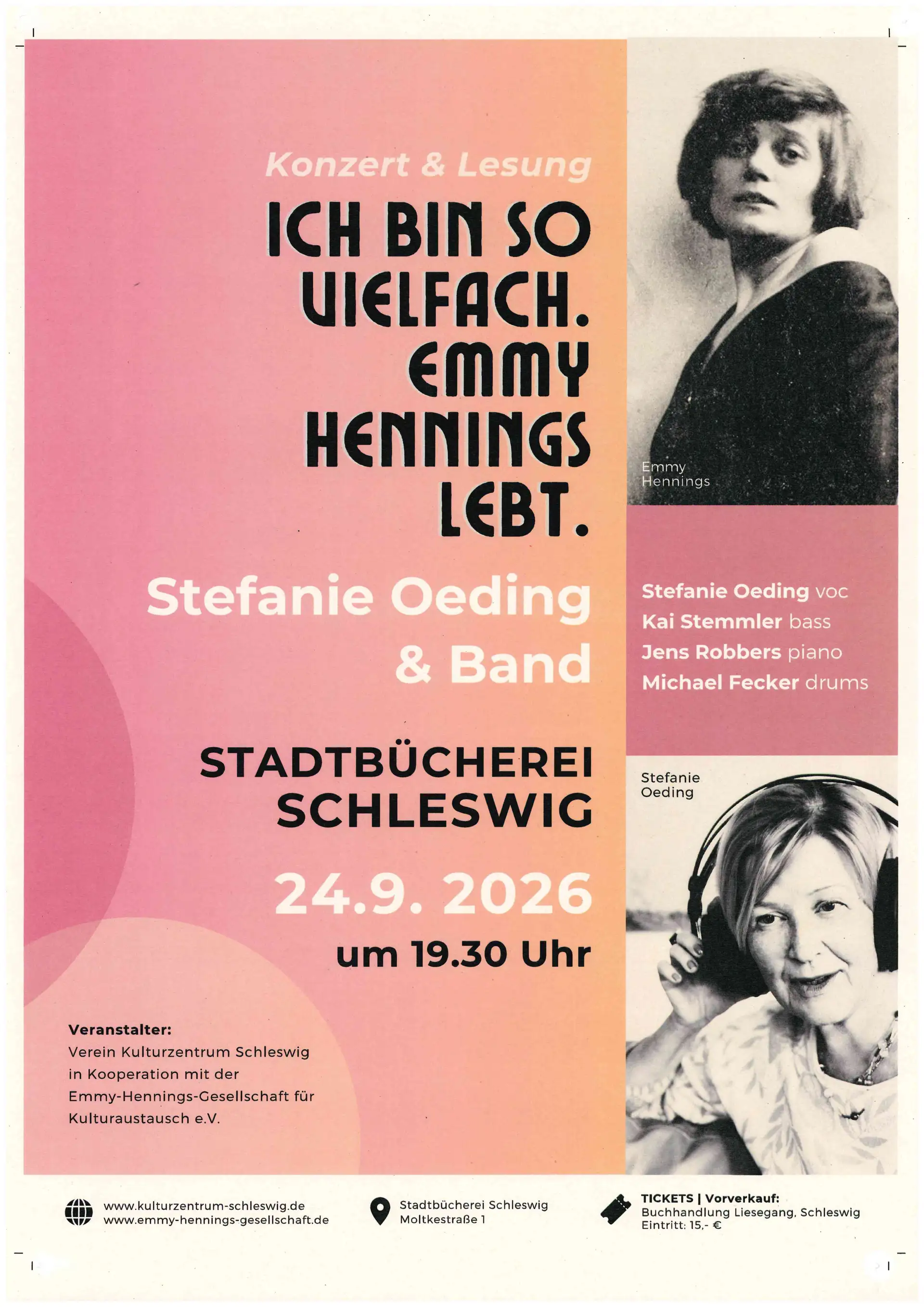 Konzert-Lesung „Ich bin so vielfach. Emmy Hennings lebt“ in der Stadtbücherei Schleswig