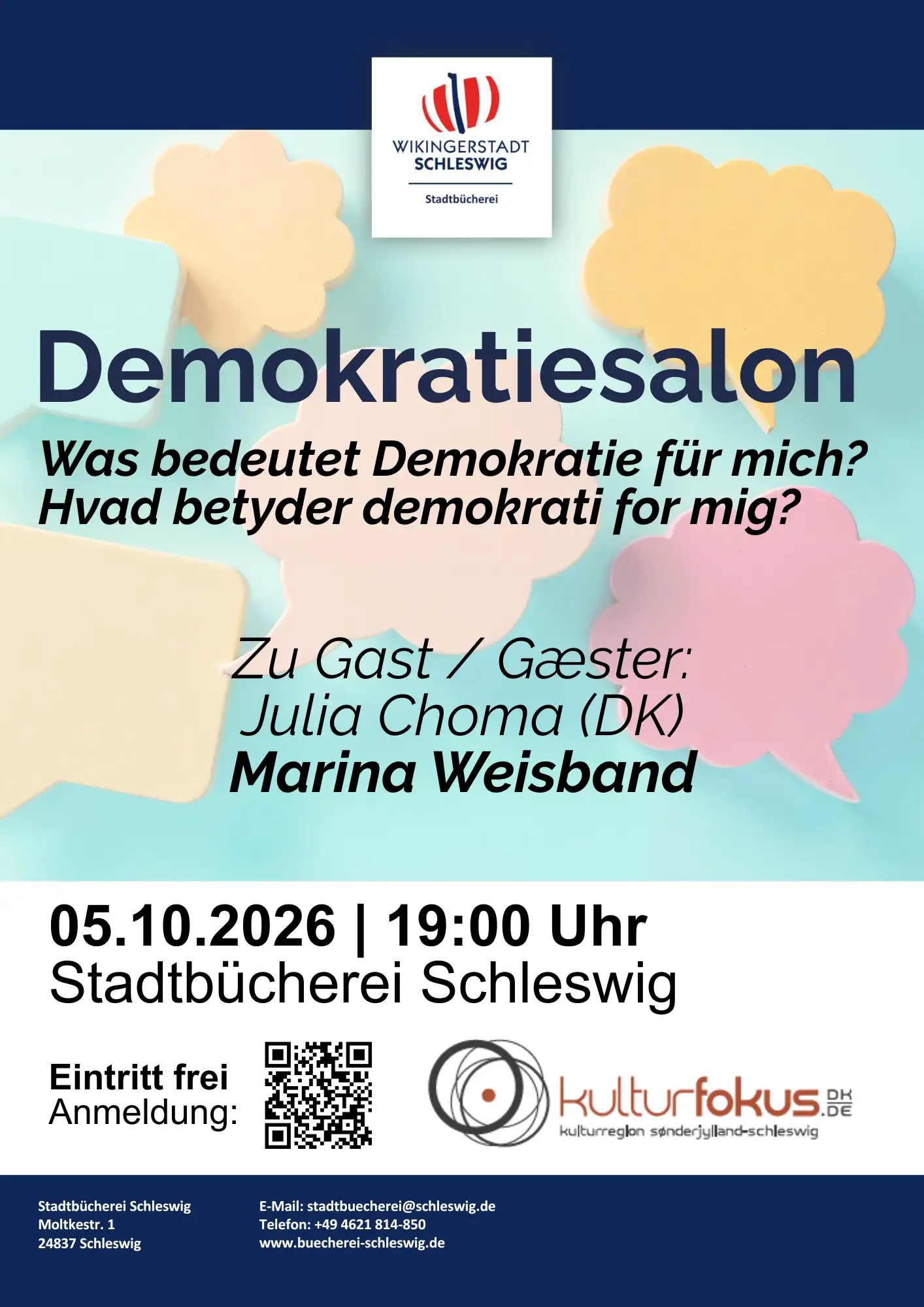 Plakat zum Demokratiesalon „Demokratie zum Mitmachen“ mit Termin und Thema „Was bedeutet Demokratie für mich?“