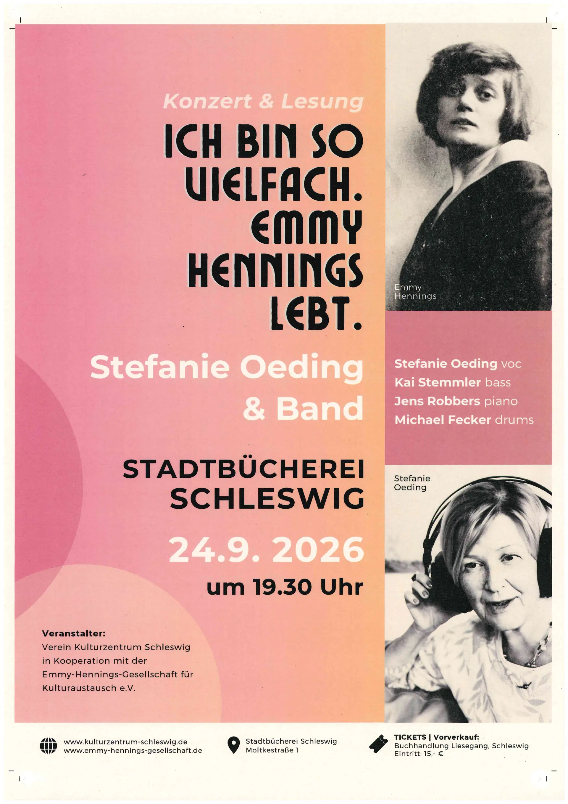 Konzert-Lesung „Ich bin so vielfach. Emmy Hennings lebt“ in der Stadtbücherei Schleswig