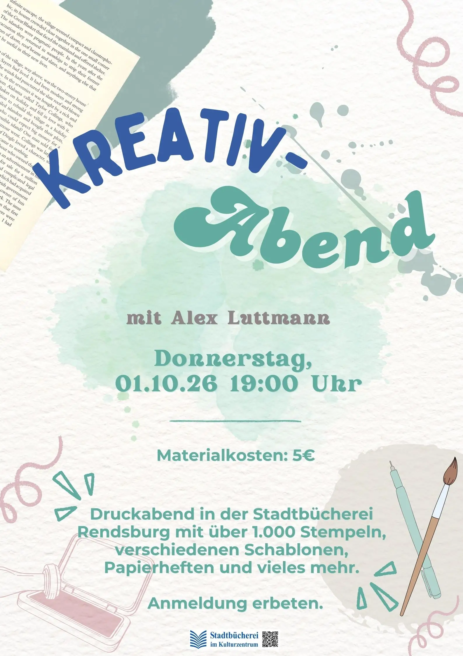 Plakat zur Veranstaltung „Kreativ-Abend mit Alex in der Stadtbücherei Rendsburg“ mit Datum und Hinweis zur Teilnahme.